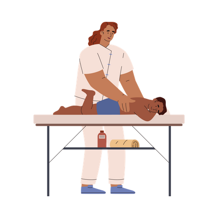 Smiling woman massaging lying boy  Illustration