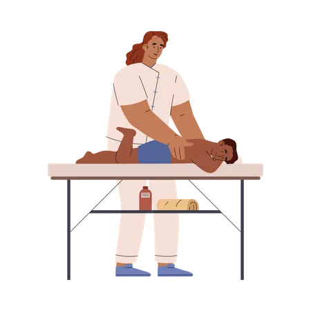 Smiling woman massaging lying boy  Illustration