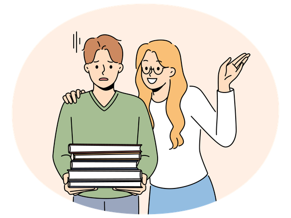 Smiling woman near unhappy man with books pile  Illustration