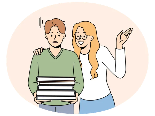 Smiling woman near unhappy man with books pile  Illustration