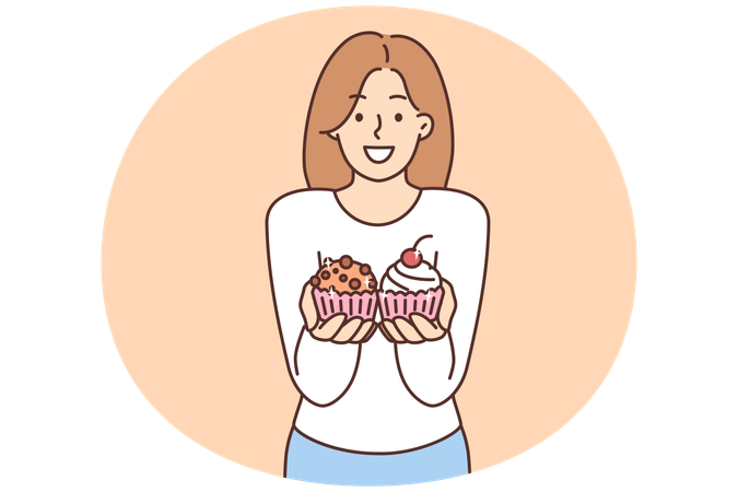 Smiling woman offer cupcakes  Illustration