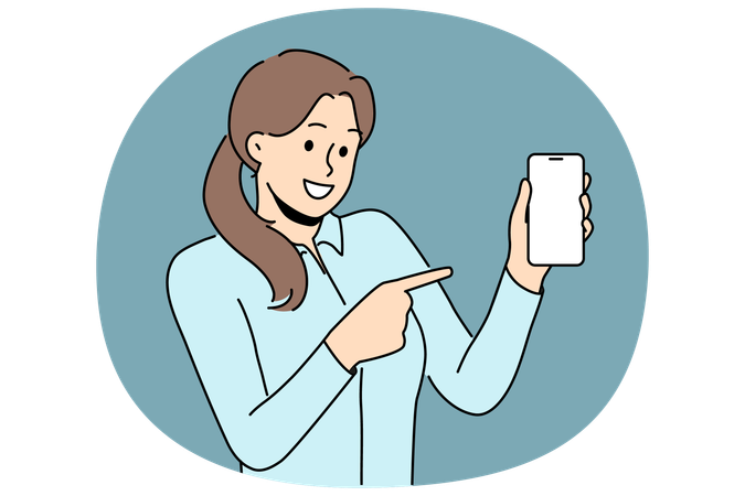 Smiling woman point at cellphone mockup screen  Illustration