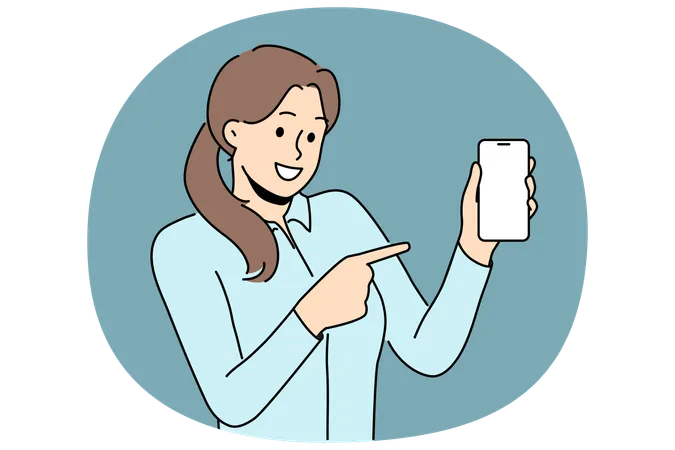 Smiling woman point at cellphone mockup screen  Illustration