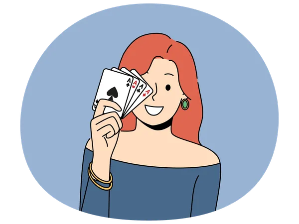 トランプを手に持ちポーズをとる笑顔の女性  イラスト