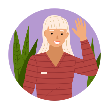 Smiling woman raises hand  Illustration