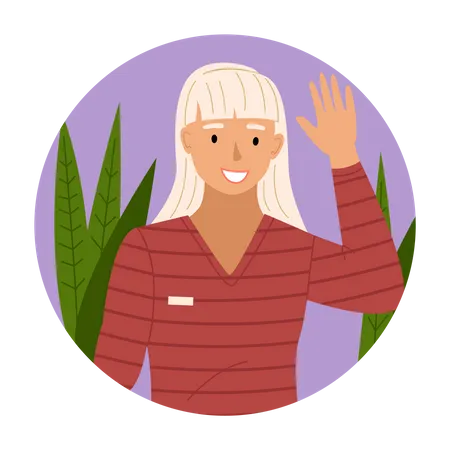 Smiling woman raises hand  Illustration