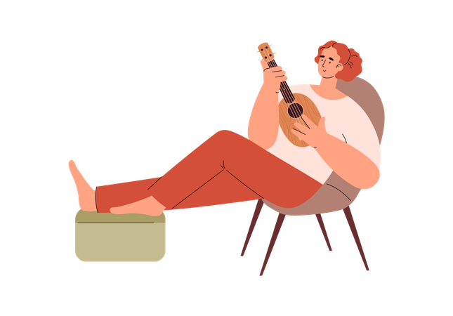 Smiling woman relaxing playing ukulele  イラスト