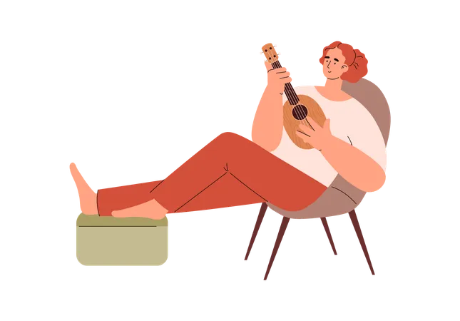 Smiling Woman Relaxing On Chair And Playing Ukulele Flat Style Vector Illustration Isolated Leisure And Hobby Resting Happy Character Decorative Design Element Illustration