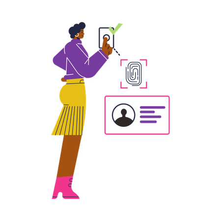 Smiling woman scans fingerprint for identification  Illustration