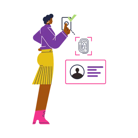 Smiling woman scans fingerprint for identification  Illustration