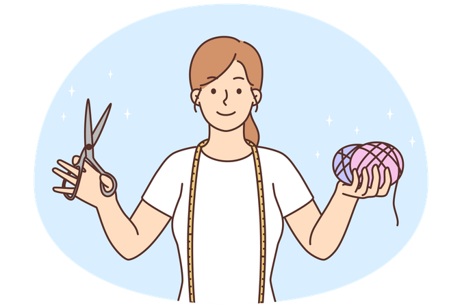 Smiling woman seamstress with threads and scissors in hands  Illustration