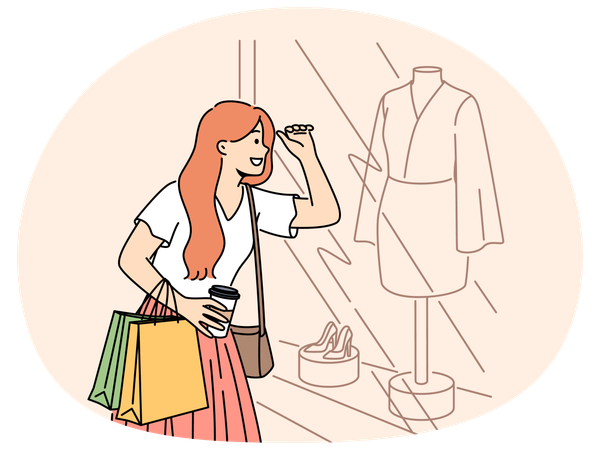 Smiling woman shopping looking in showcase  Illustration