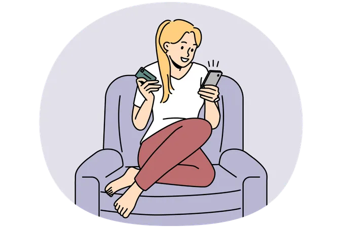 Smiling woman shopping on cell with credit card  Illustration