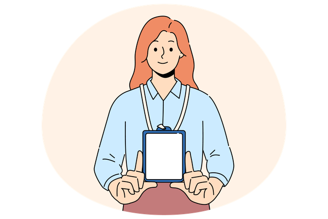 笑顔の女性がIDバッジのモックアップを見せる  イラスト