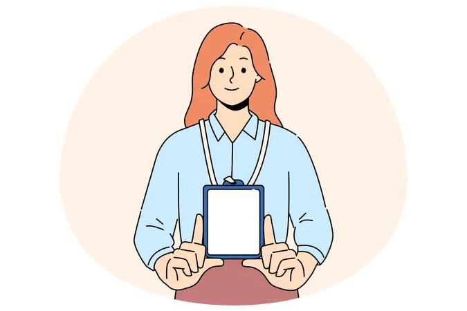 笑顔の女性がIDバッジのモックアップを見せる  イラスト