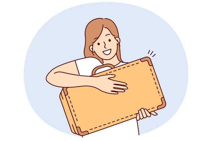 Smiling woman showing off old suitcase to show ready to travel by plane or train  Illustration