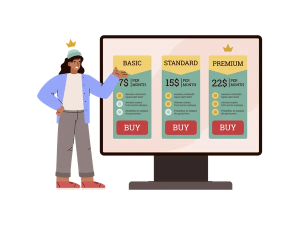 Smiling woman shows subscription rates on large monitor  Illustration