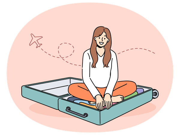 Smiling woman sit in suitcase excited about vacation  Illustration