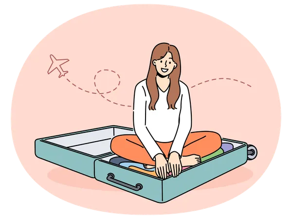Smiling woman sit in suitcase excited about vacation  Illustration