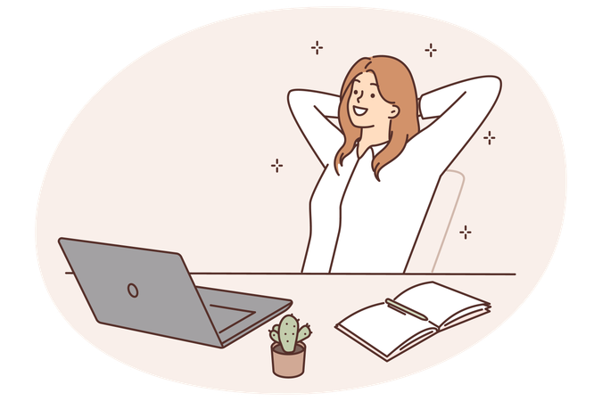 Smiling woman sitting at table with laptop  Illustration