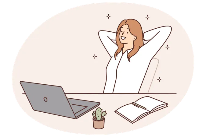 Smiling woman sitting at table with laptop  Illustration