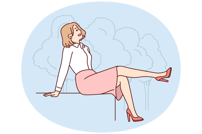 Smiling woman sitting outside in park  Illustration