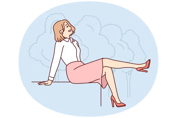 Smiling woman sitting outside in park  Illustration