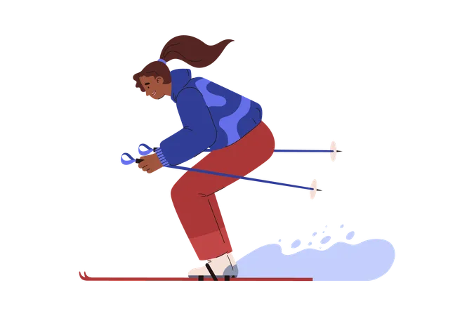 Smiling Woman Skiing Flat Vector Illustration Isolated Happy Person Riding Ski Concepts Of Ski Resort Winter Vacation Activities And Holiday Winter Sport Illustration