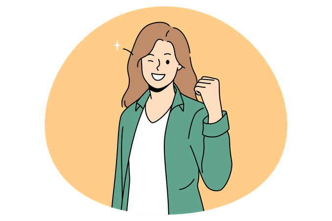 Smiling woman standing showing fist meaning success luck and achieving some goal  Illustration