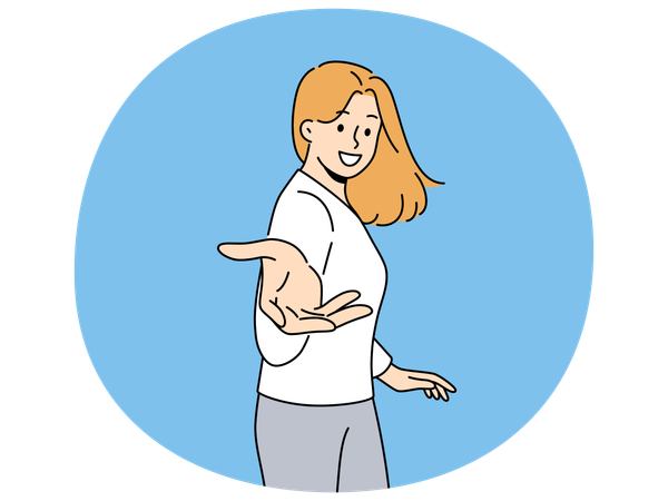 Smiling woman stretch hand inviting someone  Illustration