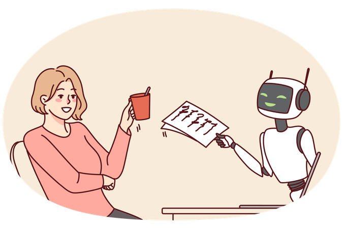 Smiling woman talking with robotic assistant on computer  Illustration