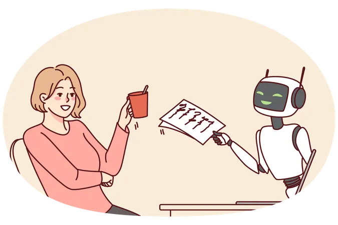 Smiling woman talking with robotic assistant on computer  Illustration