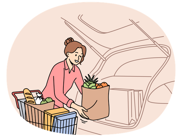 Smiling woman unload groceries into car  Illustration