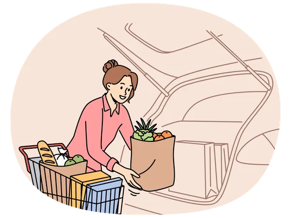 Smiling woman unload groceries into car  Illustration