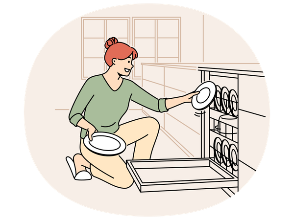 Smiling woman unloading dishwasher  Illustration