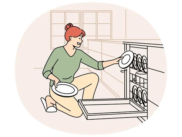 Smiling woman unloading dishwasher  Illustration