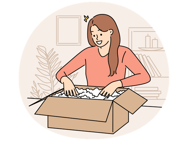 Smiling woman unpack box with order  Illustration