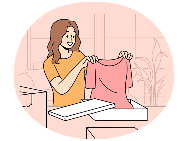 Smiling woman unpack orders at home shopping online  Illustration