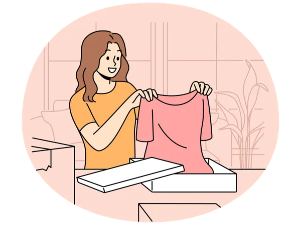 Smiling woman unpack orders at home shopping online  Illustration