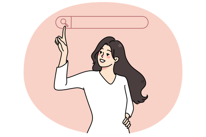 Smiling woman use searching line on computer  Illustration