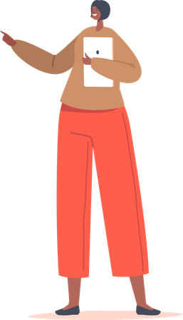 Smiling Woman Using Tablet And Making Pointing Gesture  Illustration