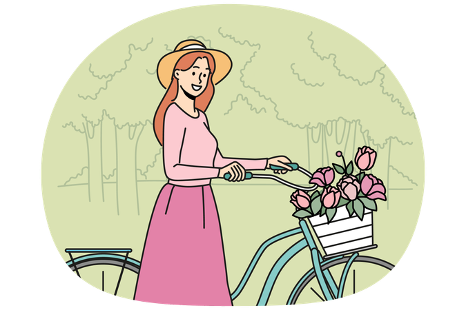 Smiling woman walking bike with flowers in park  Illustration