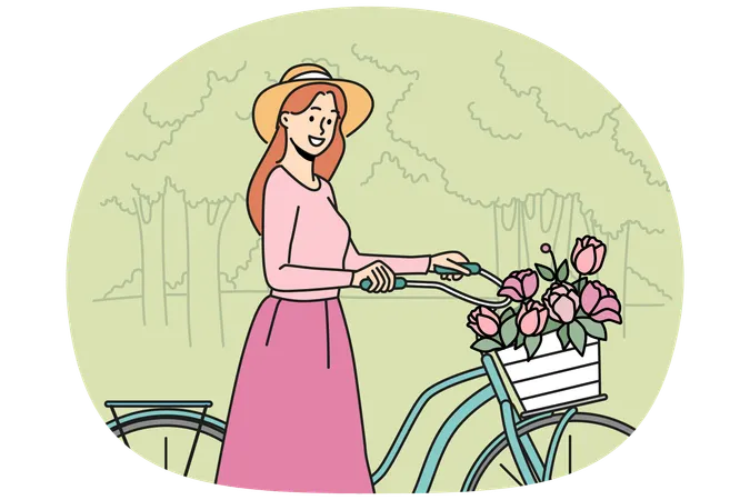 Smiling woman walking bike with flowers in park  Illustration