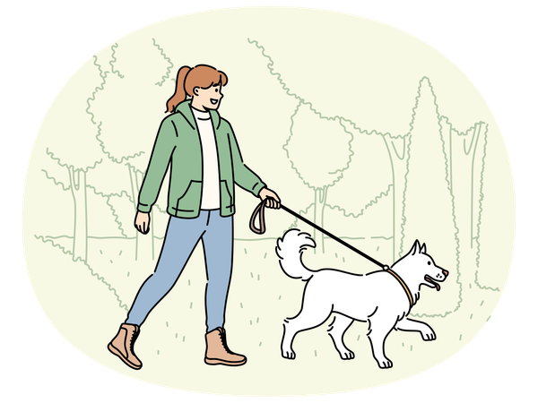 Smiling woman walking with dog in park  Illustration
