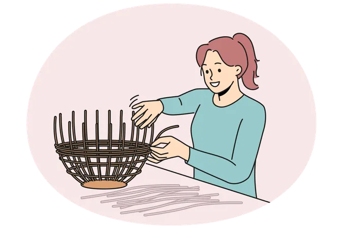 Smiling woman weaving basket from wicker  Illustration