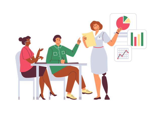 Smiling woman with artificial leg gives report on statistics  Illustration