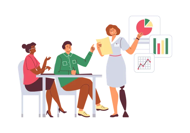 Smiling woman with artificial leg gives report on statistics  Illustration