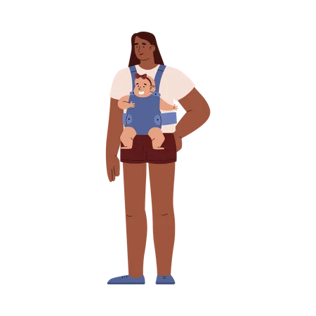 Smiling woman with baby girl in sling  Illustration
