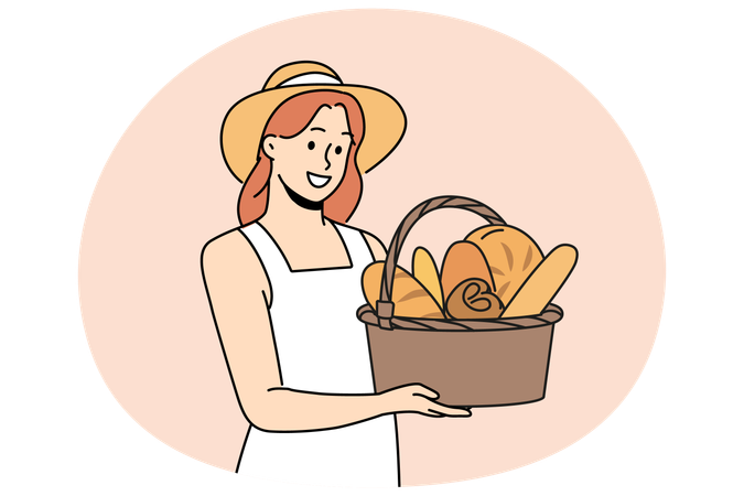 Smiling woman with basket of fresh bread  Illustration