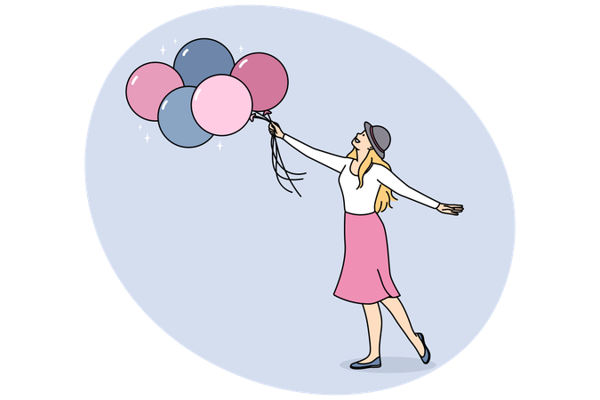 Smiling woman with bunch of balloons  Illustration